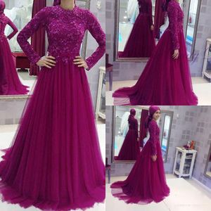 Evening Islamic Grape Arabic Long Sleeves with Applique A-line Vestidos De Noiva Prom Dresses Without Veil Custom Made Party Gowns