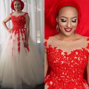Nigerian Red And White Wedding Dresses 2017 Vintage Sheer Neck Capped Sleeve Appliqued Floor Length Bridal Gown Plus Size Custom Made EN8151