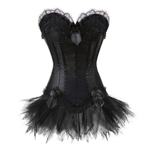 Damska seksowna czarna wysoka gorset i sukienka satynowa bustier z koronki mini spódnica talii Cincher bielizna S-2XL