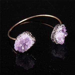 Gold-Plated Freeform Genuine Natural Raw Amethyst Cluster Cuff Bangle Rhinestone Pave Angel Aura Druzy Quartz Geode Gemstone Bacelet Jewelry