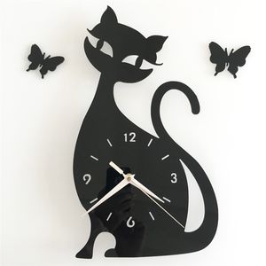 3d diy 35x32cm cute cat butterfly wall clock modern design kitchen bathroom home decor watch wall clocks