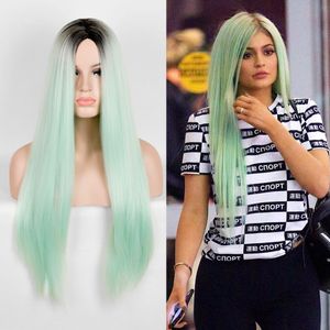 Kylie Jenner Styling Long Straight Wig Central Parting Light Blue Drag Queen Wig