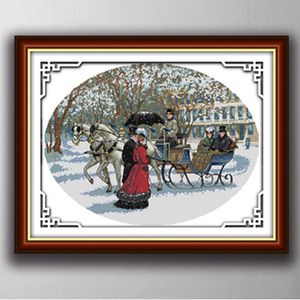 Scenery of Snowy Day, Gracious Style Cross Stitch Needlework Sets Broderi Kits Målningar räknas tryckt på duk DMC 14ct / 11ct
