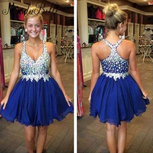 Sexig Royal Blue Short Homecoming Dresses Organza Crystal Backless Homecoming Dress Custom Made Formal Evening Prom Gowns Sweet Sixteen Dress