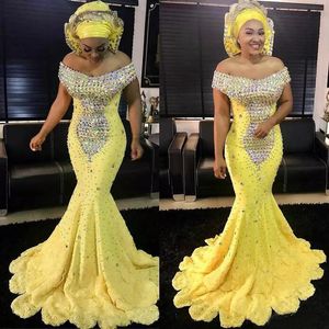 Sparkly 2017 Yellow Crystal Beaded Mermaid Prom Dresses Long Arabic African Off The Shoulder Formal Party Gowns Custom Made EN9283