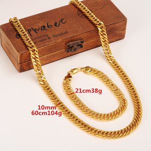 Mens Miami Cuban Curb Chain Real 24k Solid Gold GF Hip Hop 10MM Thick Necklace Bracelet Jewelry Sets