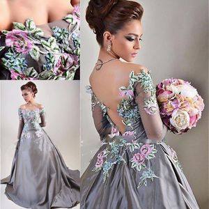 Silver Gray Embroidery Evening Dresses 2017 Off Shoulder Illusion Long Sleeve Prom Gowns Backless Satin A Line Arabic Formal Party Dress