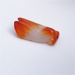 Red white agate hand-carved golden cicada (zen). Auspicious necklace pendant.