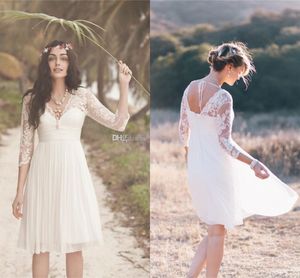 Bohemian Short Wedding Dresses A Line Lace Country Bridal Gowns 3/4 Long Sleeve Boho Bridal Dresses Vestidos De Novia V-Neck Chiffon Knee