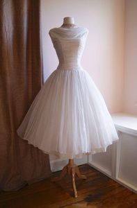 Vintage z lat 50. długość herbaty krótkie sukienki ślubne Cisl Szyja Pleatów Szyfonowe suknie ślubne 60. Recepcja Suknie ślubne Vestidos de novia
