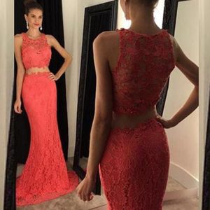 Sereia elegante Vestidos Festa Two Pieces Prom Vestido Sheer Jewel Neck Mangas Coral Lace Vestidos de Noite com Apliques de Contas