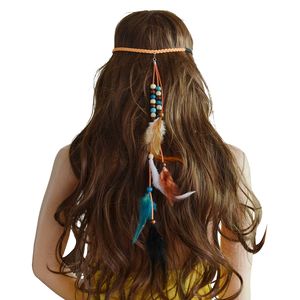 Idealway Handmade étnica tribal cigana corda madeira grânulos penas borlas pêlos de cabelo clipe para mulheres jóias