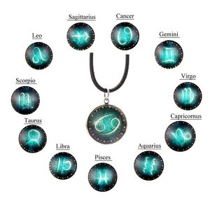 Nova Moda 12 Constelação Pingente Colar Design Signo Do Zodíaco Horóscopo Colares Para Mulheres Homens Vidro Cabochão Jóias