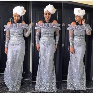 Amazing Silver Off Shoulder Aso Ebi Evening Gowns Lace Appliques Sheath Prom Dresses With Sheer Long Sleeves Floor Length Women Formal Wear
