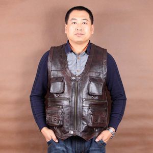 Leather Vest Mens Sleeveless Jackets Pockets Vests Waistcoat Autumn Winter Dark Brown L-6XL New Arrival Genuine