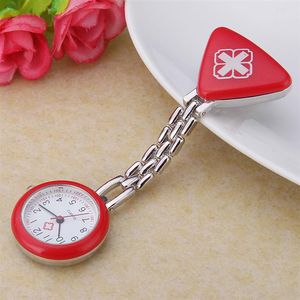 Newest Cross watch Red Crossed Triangle Nurse Clock Clip Fob Brooch Doctor Pendant Hanging Medical Pocketed Quartz Timer Gift