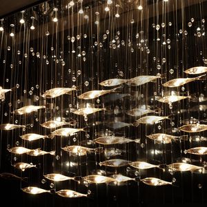 Modern Pendant Lamps Glass Fly Fish Ceiling Light Swarm Chandelier Living Room Crystal Cognac Color Fishes