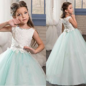 New Little Girls Pageant Dresses Princess Tulle Sheer Jewel Crystal Beading White Coral Kids Flower Girls Dress Birthday gowns