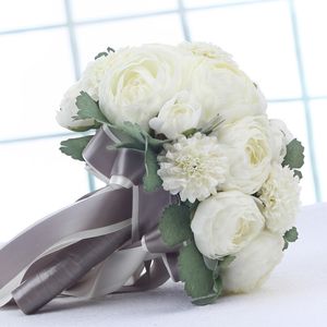 Bride Holding Bouquet Artificial Peony Cascading Silk Wedding Flowers White Flower with Green Leaf 25cm New