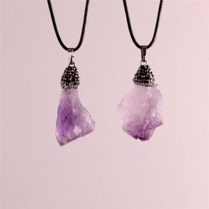 Freeform Natural Raw Stone Hängsmycke Rough Amethyst Druzy Pendant Paved Rhinestone Crystal Quartz Citrine Hängsmycke Bead Läder Rope Necklace