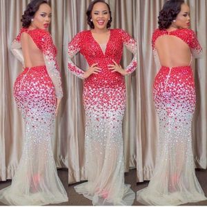 2017 Aso Ebi Style Shiny Sexy Lace Prom Dresses Kamienie Zroszony Kryształ Dubaj Mermaid V-Neck Zip Back Arabski Długi Rękaw Party Fiesta Suknie