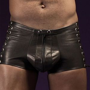 Men Sexy Panties Black Faux Leather Boxer Shorts Stage Performance Novelty Lace Up Rivet Zipper Briefs Bandage Shorts