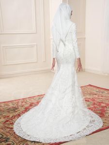 2017 Beyaz Müslüman Gelinlik Yüksek Boyun Boncuklu Aplike Denizkızı Tarzı Özel Yapımı Düğün G246J