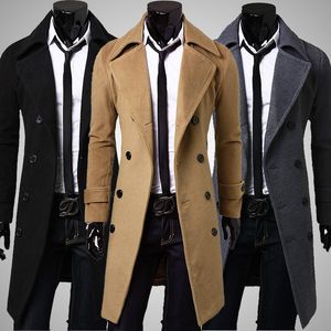Новый бренд зимнее мужское длинное полупальто мужское шерстяное пальто с отложным воротником двубортный мужской плащ черный коричневый серый размер M-XXXL
