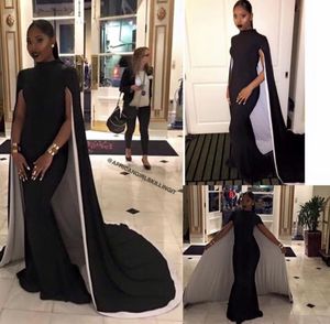 Length Hot Floor Black Evening Dresses Sheath High Neck Arabic Vestidos De Festa Formal Party Prom Gowns With Capes