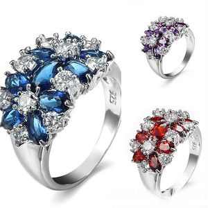 10pcs Holiday Gift Fire Blue Red Amethyst Purple White Cubic Zirconia Crystal Gemstone Russia 925 Sterling Silver Wedding Flower Rings