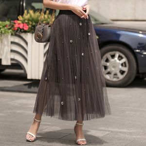 2017 Boho Saias Mulheres roupas de alta qualidade macia Tulle com grânulos florais cintura elástica saias longas preto, cinza, verde escuro baratos