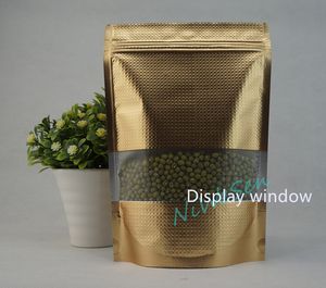 9x13 cm Torby do wytłaczania, 100 sztuk / partia X Stand Up Matte Gold Aluminiowa Folia Ziplock Torba z okno-pyłoszczelna suszona ziołowa pakowanie Poly