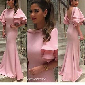 High Quality Light Pink Long Prom Dress Unique Poet Half Sleeves Middle East Women Wear Special Occasion Formal Cheap Party Dress Plus Size
