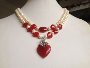 uroczy ! 2Rows White Pearl Red Ruby Heart Biżuteria Naszyjnik