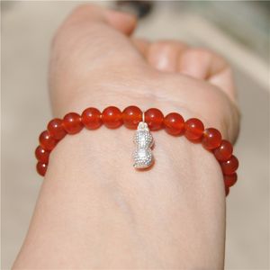Red circular natural agate beads 27 + 925 pure silver peanut bracelet