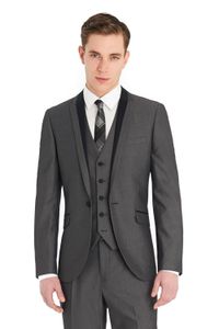 Brudgummen tuxedos groomsmen en knapp grå topp lapel bästa man kostym bröllop män blazer kostymer skräddarsydda (jacka + byxor + väst + slips) k209