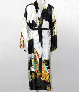 Partihandel - Promotion Black Silk Long Robe Kinesisk Vintage Kvinnor Rayon Nightwear Kimono Yukata Badklänning Plus Storlek S M L XL XXL XXXL NR035