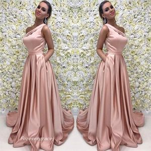 A Line Pink Long Evening Dress One Shoulder Satin Sleeveless Sweep Train Long Formal Party Gown Custom Made Plus Size