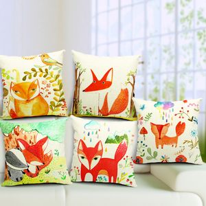 Cartoon Red Fox Cushion Cover Square Cotton Linen Throw Pillow Cover Housse De Coussin Hand Painted Cojine for Bedroom Sofa
