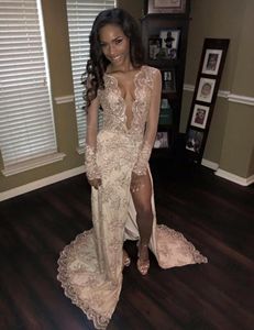 2017 Sexy V Neck Long Sleeve Prom Dresses V Neck Beaded Appliques High Slit Mermaid Evening Gowns For Women