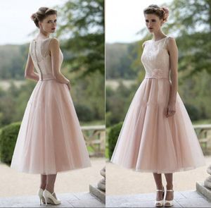 Fall 2017 Country Style Tea Length Bridesmaid Dresses Bateau Neck A Line Blush Pink Lace and Chiffon Bridesmaids Party Dresses with Flower