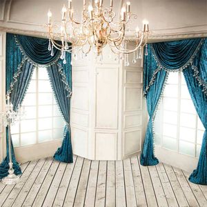 House Corner Blue Curtain Background Photography Backdrops Wood Planks Floor Crystal Chandelier Wedding Backgrounds for Photo Studio Windows