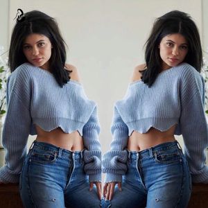 Atacado-Sexy Pullover Colheita Top Sweater Mulheres Tricot Oversize Diamante Hem Curta Camisola Quente Femme Outono Moda Malha Top