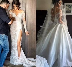 2016 Vintage Wedding Dresses With Detachable Skirt Sexy Sheer Lace Applique Jewel Illusion Long Sleeves High Slit Overskirts Bridal Gowns