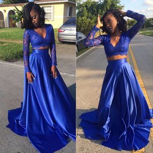 Sexy Africano Vestidos de Noite V Neck Sheer Mangas Compridas Rendas Colheita Uma Linha Saia Lisa Azul Royal Prom Vestido Duas Peças