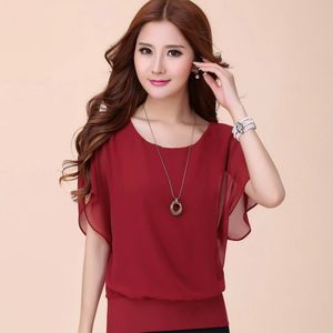 Kırmızı Ruffle Tops toptan satış-Yeni kadın üstleri moda kadın yaz şifon bluz artı boyutu fırfır batwing kısa kollu rahat gömlek siyah beyaz kırmızı mavi