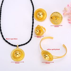 Wedding sets Real 24k Solid Yellow Thick Gold GF Pendant Necklaces Bangle Ring Earrings Black rope chain Luxurious Festival Jewellery