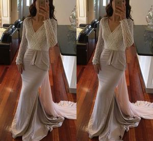 Elegant Lace V Neck Long Sleeve Evening Gowns Peplum Chiffon Mermaid Prom Dresses Floor Length See Through Formal Party Dress