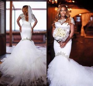 2018 NEW Mermaid Dubai Wedding Dresses Detachable Wrap Beaded Crystal Beading White Custom Made Plus Size Bridal Gowns Tulle Long Train