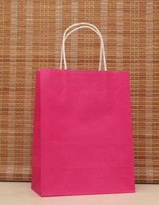 Partihandel-40PCS / Lot Multifunktion Rose Pink Paper Bag med handtag / 21x15x8cm / Festival Presentväska / Godkvalitet Shopping Kraft Paper Bags